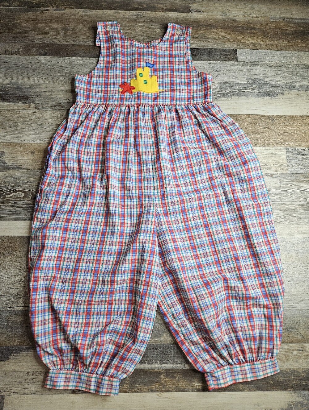 Kelly's Kids Vintage Romper Size 6 Red Plaid Sandcastle Applique